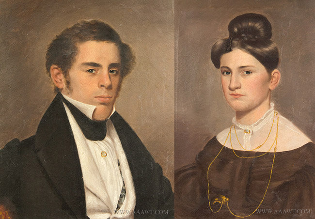 Portraits, Pair, Folk, Untouched Original Condition Including Frame and Stretcher
John and Caroline Whitman Newcomb
Massachusetts, circa: 1830's
Oil on Canvas, entire view